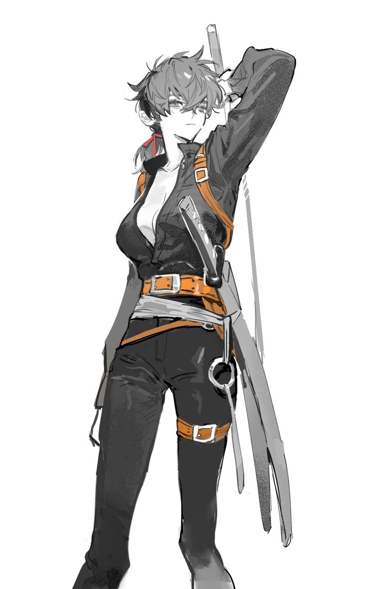 1girl, belt, black_hair, black_pants, black_shirt, breasts, center_opening, cleavage