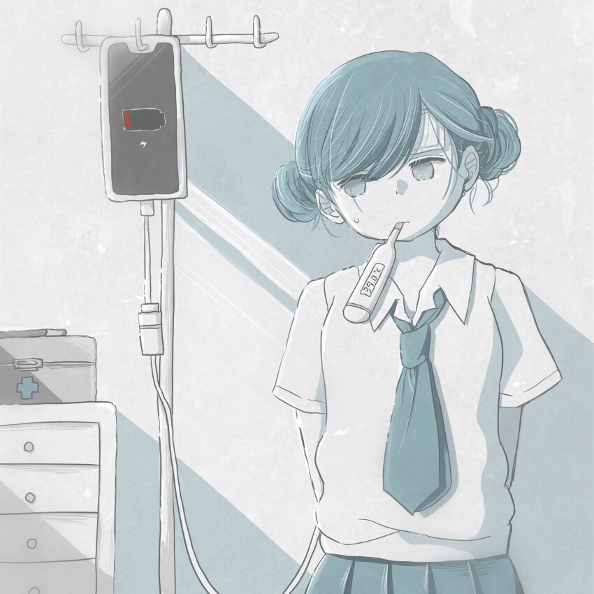 1girl, awaya_yawako, black_necktie, charging_person, collared_shirt, commentary_request, cowboy_shot, digital_thermometer