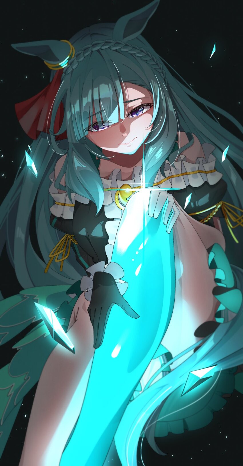 1girl, animal_ears, aqua_hair, asymmetrical_gloves, bare_shoulders, black_background, black_gloves, breasts