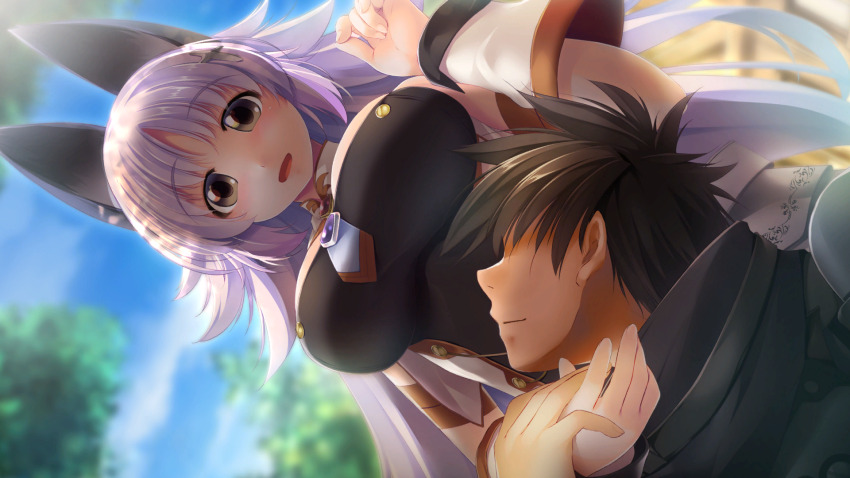 1boy, 1girl, animal_ears, atelier-moo, bare_shoulders, black_hair, blush, breasts, closed_mouth, detached_sleeves, faceless, faceless_male, forest, from_below, grey_eyes, hair_ornament, highres, holding_hands, large_breasts, long_hair, looking_down, lying, mana_(our_battle_has_just_begun!), narrow_waist, nature, oma_(our_battle_has_just_begun!), open_mouth, our_battle_has_just_begun!, purple_hair, short_hair, smile, tail, wolf_girl, wolf_tail