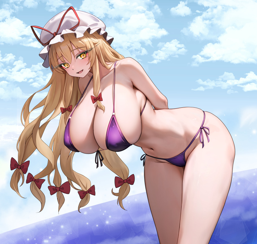1girl, absurdres, arms_behind_back, bare_arms, bare_legs, bare_shoulders, bikini, blonde_hair