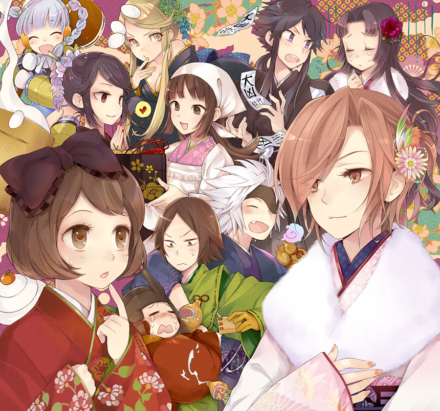 4boys, 6+girls, :d, :o, ^_^, azai_nagamasa_(sengoku_basara), bandana, black_hair, blonde_hair, bow, braid, brown_eyes, brown_hair, chousokabe_motochika_(sengoku_basara), closed_eyes, earmuffs, fang, flower, flying_sweatdrops, food, fur-trimmed_kimono, fur_trim, hair_bow, hair_bun, hair_flower, hair_ornament, heart, hug, itsuki_(sengoku_basara), japanese_clothes, kasuga_(sengoku_basara), kimono, kobayakawa_hideaki_(sengoku_basara), light_blush, long_hair, looking_at_another, matsu_(sengoku_basara), mochi, mochi_trail, mouri_motonari_(sengoku_basara), multiple_boys, multiple_girls, new_year, nouhime_(sengoku_basara), ocha_(hutuumikan), oichi_(sengoku_basara), omikuji, open_mouth, parted_lips, purple_hair, saika_magoichi_(sengoku_basara), sengoku_basara, short_hair, short_hair_with_long_locks, smile, spoken_heart, sweatdrop, tears, tsuruhime_(sengoku_basara), twin_braids, white_bandana, white_hair