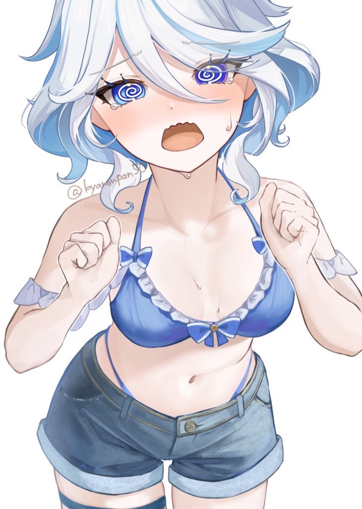 1girl, @_@, alternate_costume, artist_name, bare_shoulders, bikini, blue_bikini, blue_eyes