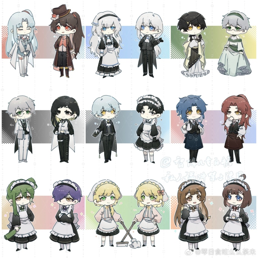 6+boys, 6+girls, angela_(project_moon), angelica_(project_moon), apron, argalia_(project_moon), ayin_(project_moon), benjamin_(project_moon), binah_(project_moon), black_coat, blonde_hair, blue_hair, brown_hair, butler, carmen_(project_moon), chesed_(project_moon), coat, coat_on_shoulders, colored_inner_hair, crossdressing, crossdressing_(ftm), crossdressing_(mtf), dress, female_butler, gebura_(project_moon), glasses, green_eyes, grey_hair, hair_over_one_eye, high_ponytail, highres, hod_(project_moon), hokma_(project_moon), jacket, library_of_ruina, long_hair, low_ponytail, maid, maid_apron, maid_headdress, male_maid, malkuth_(project_moon), monocle, multicolored_hair, multiple_boys, multiple_girls, netzach_(project_moon), one_side_up, pants, ponytail, project_moon, roland_(project_moon), sidelocks, tiphereth_a_(project_moon), tiphereth_b_(project_moon), very_long_hair, vest, waiter, waitress, white_dress, white_hair, white_jacket, white_pants, white_vest, yellow_eyes, yesod_(project_moon), zhizhangertongbaitang