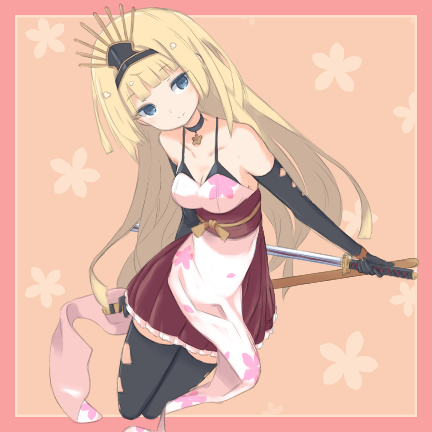 1girl, diamond_cutout, bare_shoulders, black_thighhighs, blonde_hair, blue_eyes, border, breasts