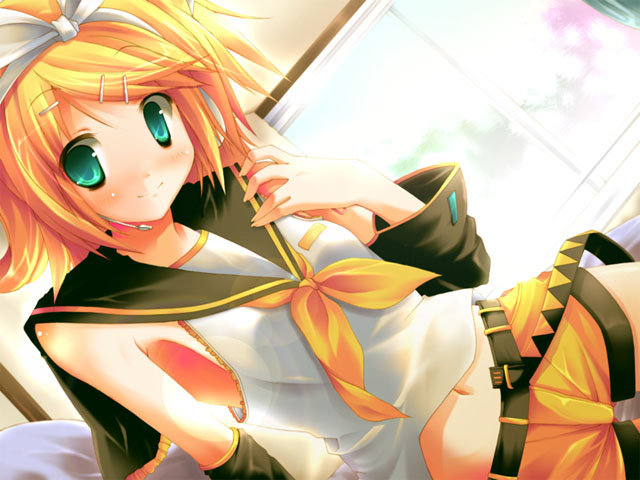 1girl, aqua_eyes, belt, blonde_hair, blouse, detached_sleeves, female_focus, hair_ribbon, indoors, kagamine_rin, kagamine_rin_(if), looking_at_viewer, microphone, navel, ribbon, sailor_collar, shirt, short_hair, shorts, smile, solo, utsurogi_angu, vocaloid, white_ribbon, white_shirt, yellow_shorts
