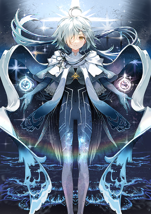 1other, ahoge, anmi, blue_bodysuit, blue_capelet, blue_hair, bodysuit, brooch