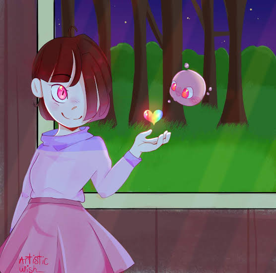 akumu_(glitchtale), bete_noire, brown_hair, glitchtale, grass, kumu_(glitchtale), picture_frame, pink_eyes