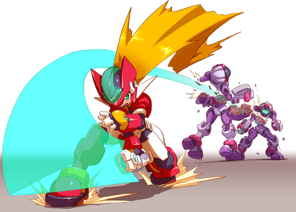 3boys, armor, attack, blonde_hair, crotch_plate, energy_sword, fins, full_body, galleon_(mega_man), green_eyes, head_fins, helmet, holding, holding_sword, holding_weapon, humanoid_robot, long_hair, male_focus, mega_man_(series), mega_man_zx, model_zx_(mega_man), multiple_boys, power_armor, red_armor, red_helmet, robot, slashing, sword, tan, vent_(mega_man), weapon, yabe_makoto