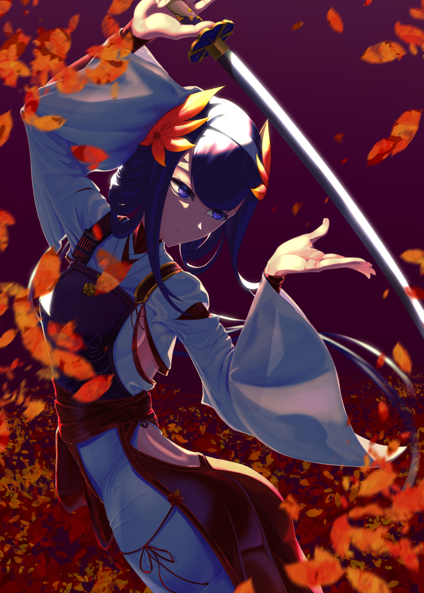 1girl, absurdres, arms_up, black_hair, closed_mouth, commentary, falling_leaves, hair_ornament