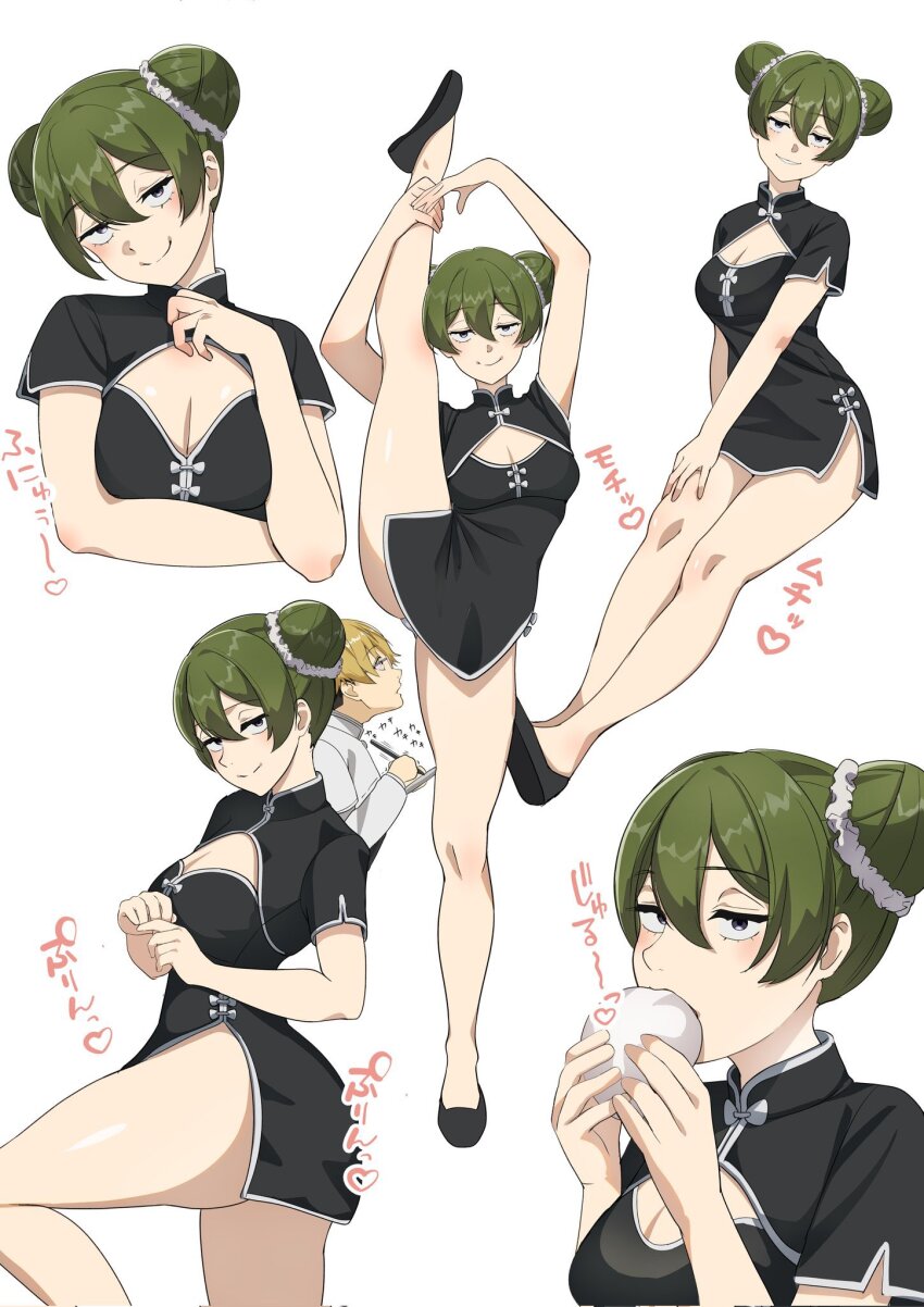 1boy, 1girl, alternate_costume, alternate_hairstyle, ass, steamed_bun, black_dress, black_footwear, blonde_hair, breasts, china_dress, chinese_clothes, cleavage, closed_mouth, commentary_request, double_bun, dress, eating, flexible, food, glasses, green_hair, hair_between_eyes, hair_bun, highres, land_(sousou_no_frieren), legs, looking_at_panties, looking_at_viewer, medium_breasts, multiple_views, purple_eyes, short_hair, smile, sousou_no_frieren, split, standing, standing_on_one_leg, standing_split, taking_notes, thighs, translation_request, ubel_(sousou_no_frieren), white_background, yami_anko