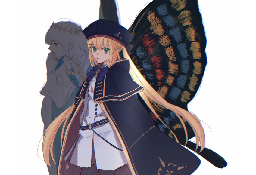 1boy, 1girl, absurdres, arilry, arthropod_boy, artoria_caster_(fate), artoria_caster_(second_ascension)_(fate), artoria_pendragon_(fate), beret, blonde_hair, blue_cloak, blue_eyes, blue_hat, bow, butterfly_boy, butterfly_wings, cape, cloak, cosplay, cowboy_shot, diamond_hairband, dress, fate/grand_order, fate_(series), gold_trim, green_eyes, grey_hair, hat, highres, insect_wings, long_hair, long_sleeves, looking_at_viewer, medium_hair, multicolored_cloak, oberon_(first_ascension)_(fate), simple_background, twintails, white_background, wings