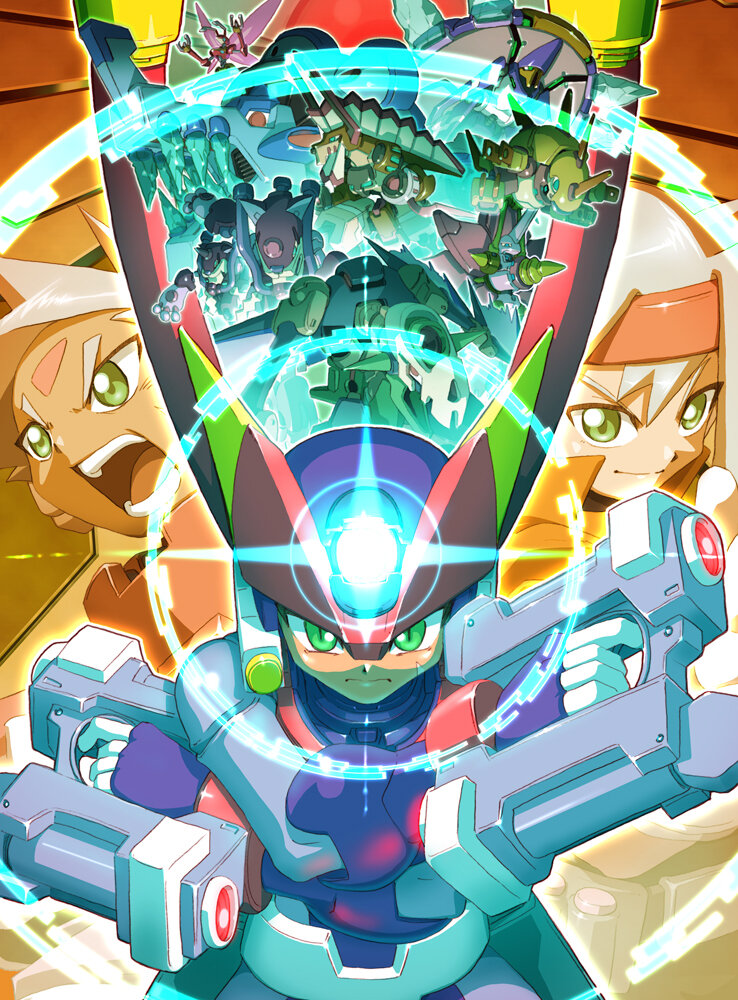 argoyle_and_ugoyle_(mega_man), armor, ashe_(mega_man), bifrost_(mega_man), blue_hair, buckfire_(mega_man), chronoforce_(mega_man), cowboy_shot, dual_wielding, energy_gun, facial_mark, forehead_mark, glowing, green_eyes, grey_(mega_man), grey_hair, gun, hedgeshock_(mega_man), helmet, holding, holding_gun, holding_weapon, light_blue_hair, mega_man_(series), mega_man_zx, mega_man_zx_advent, model_a_(mega_man), non-humanoid_robot, power_armor, queenbee_(mega_man), red_armor, red_helmet, robot, robot_animal, rospark_(mega_man), scar, scar_on_face, slit_pupils, vulturon_(mega_man), weapon, yabe_makoto