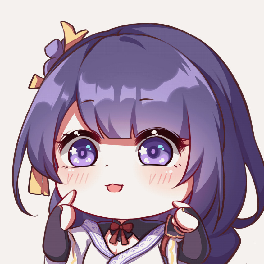 1girl, animated, animated_gif, blunt_bangs, blush, braid, cheek_poking, genshin_impact, grey_background, hair_ornament, hand_on_own_cheek, hand_on_own_face, highres, index_finger_raised, japanese_clothes, long_hair, looking_at_viewer, looping_animation, neck_ribbon, open_mouth, poking, purple_eyes, purple_hair, raiden_shogun, ribbon, simple_background, single_braid, solo, xinzhizhu