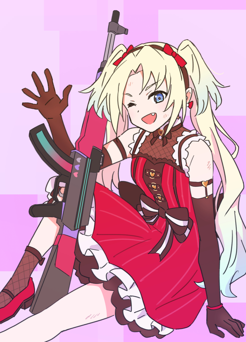 1girl, ;d, arm_garter, assault_rifle, black_gloves, black_hairband, blonde_hair, blue_eyes, blue_hair, bruise, bruise_on_arm, bruise_on_face, bruise_on_leg, commentary_request, dress, elbow_gloves, foot_out_of_frame, frilled_dress, frills, gloves, gradient_hair, gun, hairband, highres, injury, kalashnikov_rifle, knee_up, light_blue_hair, link!_like!_love_live!, long_hair, looking_at_viewer, love_live!, medium_dress, miracreation, multicolored_hair, nogreen, one_eye_closed, open_mouth, osawa_rurino, parted_bangs, pink_background, red_dress, red_ribbon, ribbon, rifle, sleeveless, sleeveless_dress, smile, solo, twintails, v-shaped_eyebrows, virtual_youtuber, weapon, weapon_request