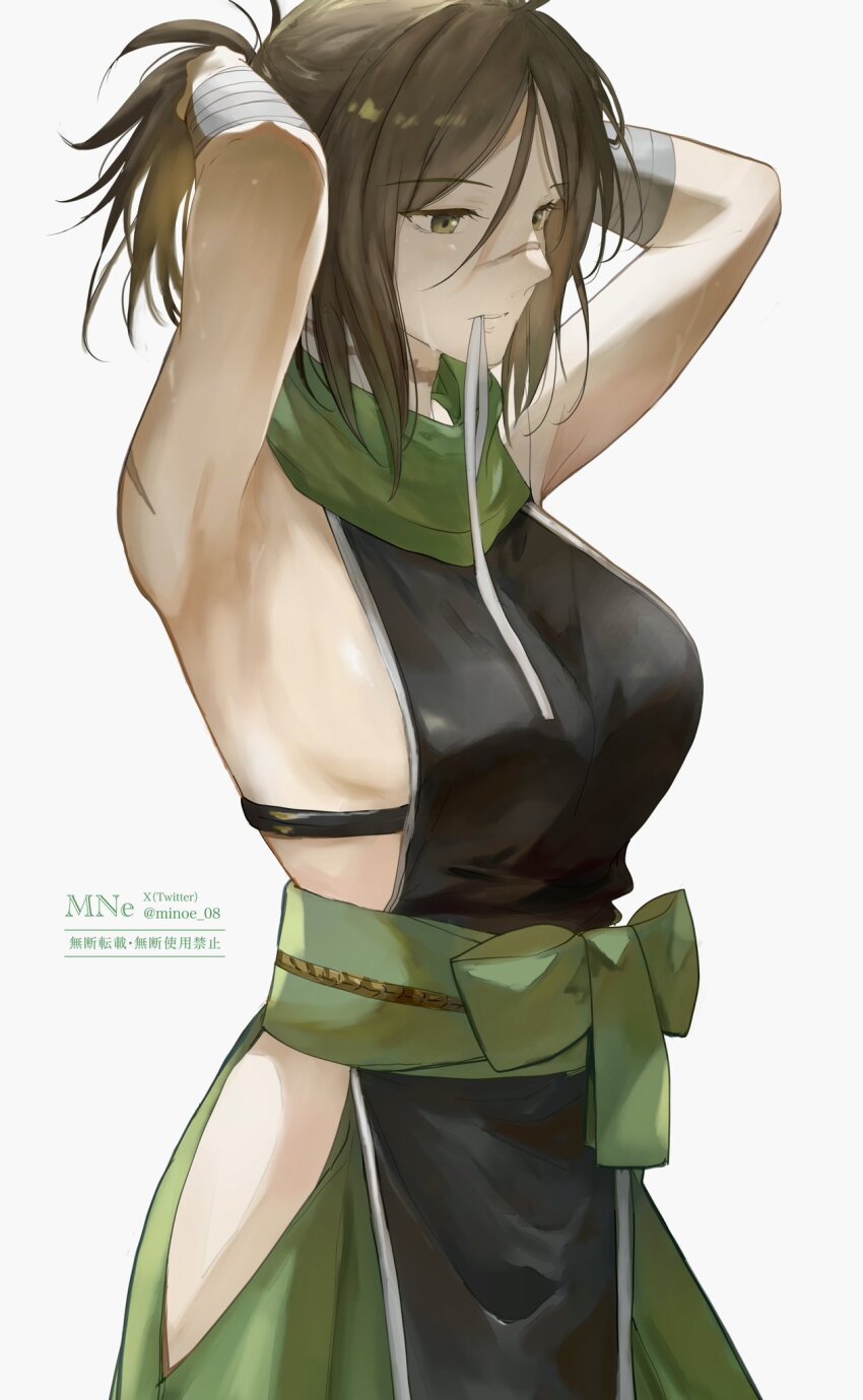 1girl, ahoge, armpits, bandaged_arm, bandages, black_kimono, breasts, brown_eyes