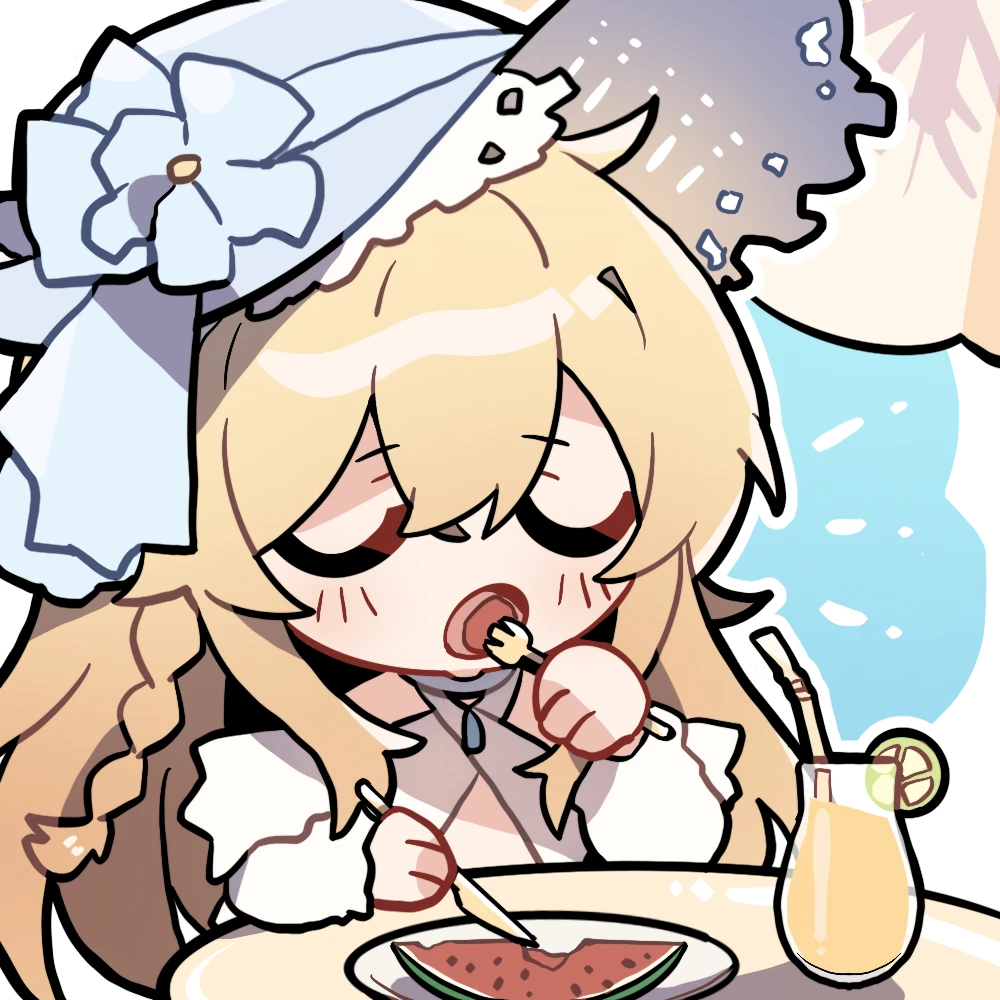 1girl, blonde_hair, closed_eyes, eating, food, fork, fruit, hat