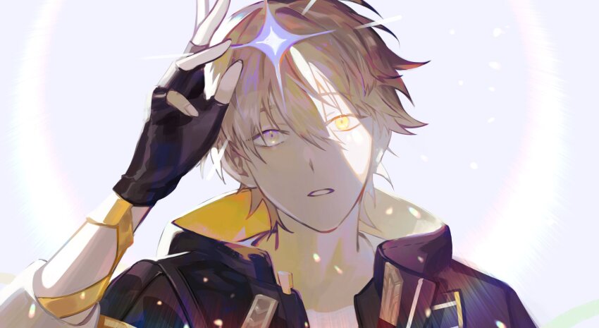 1boy, arm_ribbon, arm_up, black_gloves, black_jacket, caelus_(honkai:_star_rail), fingerless_gloves, fingernails