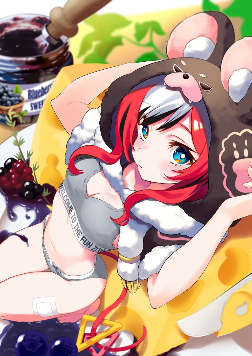 1girl, animal_ear_fluff, animal_ears, animal_hood, arms_up, black_hair, blue_eyes, blueberry