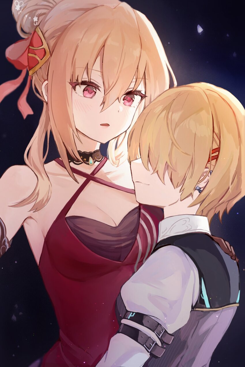 2girls, black_background, blonde_hair, breasts, cleavage, collarbone, dress, evening_gown