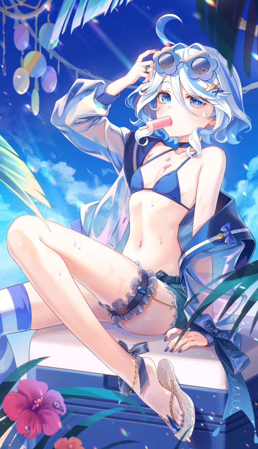 1girl, absurdres, ahoge, alternate_costume, anklet, bikini, blue_bikini, blue_eyes