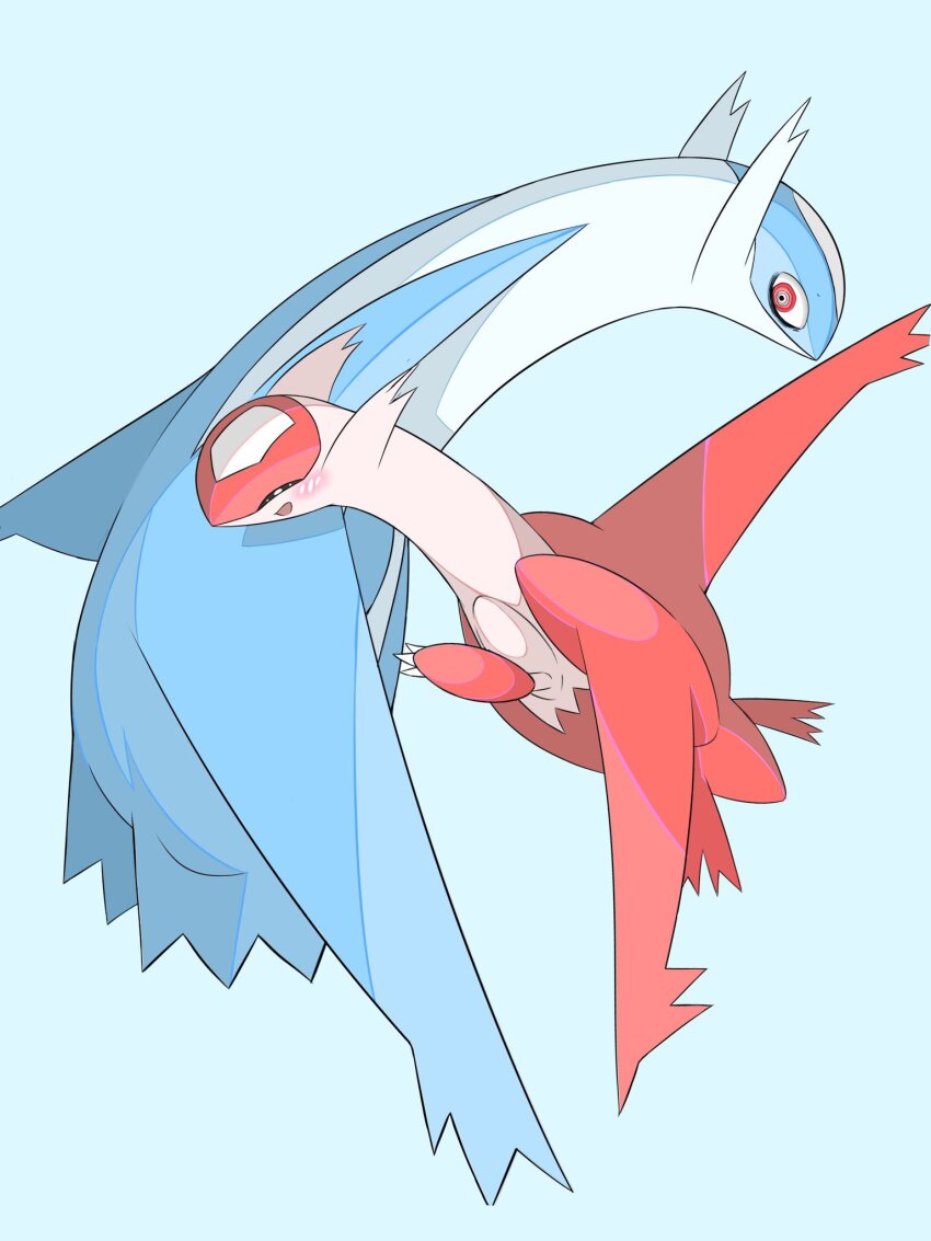 blue_background, blue_wings, blush, closed_eyes, dragon, full_body, gen_3_pokemon, highres, latias, latios, legendary_pokemon, nintendo, pokemon, pokemon_(creature), red_eyes, red_wings, ringed_eyes, simple_background, watashihae, wings