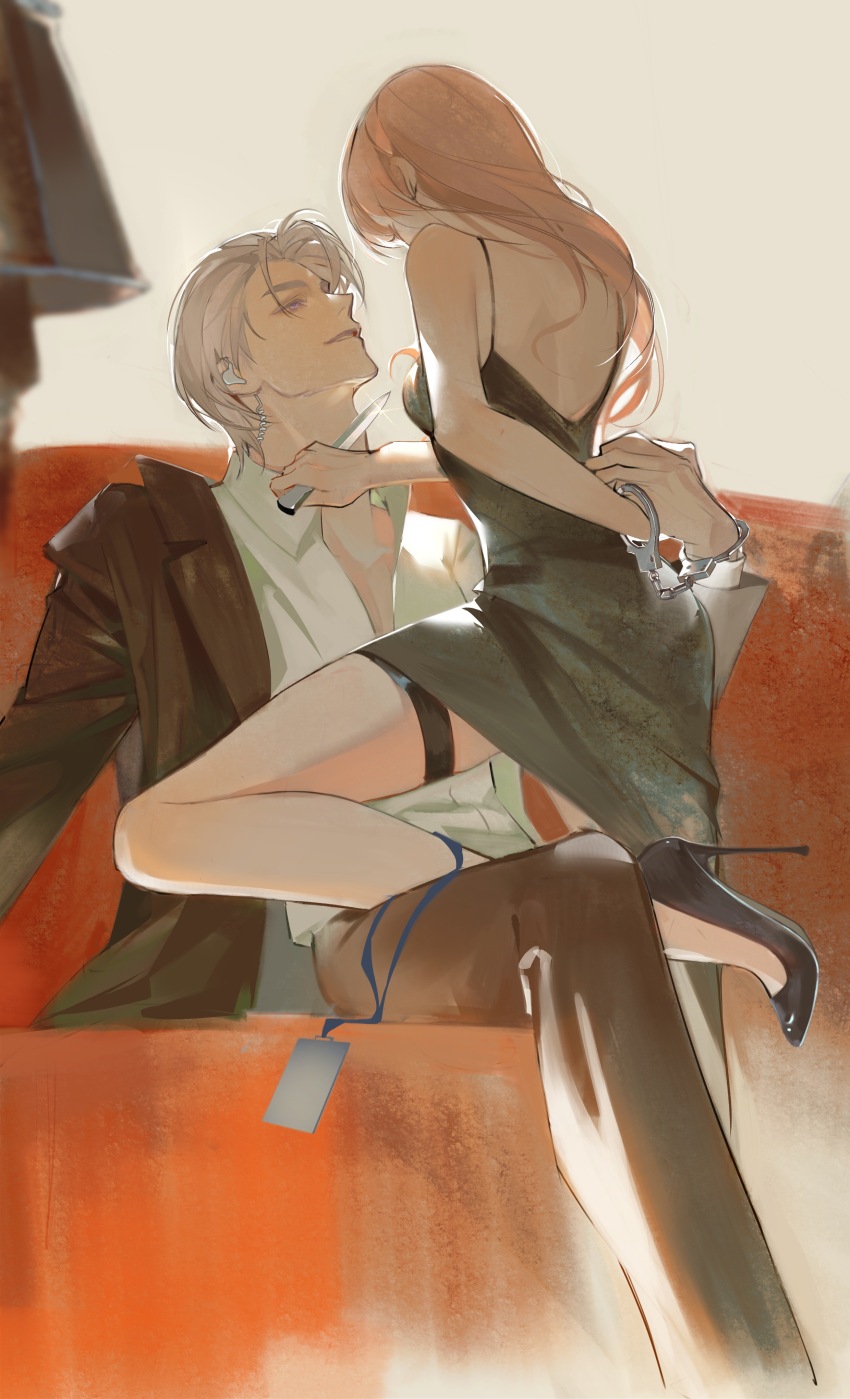 1boy, 1girl, absurdres, back, black_dress, black_footwear, black_jacket, black_pants, charlie_su, collared_shirt, couch, couple, cuffs, denpa0304, dress, eyelashes, grey_hair, grin, hand_on_another's_back, handcuffs, high_heels, highres, holding, holding_knife, holding_weapon, id_card, indoors, jacket, knife, lapels, light_and_night_love, long_hair, looking_at_another, notched_lapels, on_couch, open_clothes, open_shirt, pants, parted_bangs, parted_lips, pink_hair, protagonist_(light_and_night_love), purple_eyes, shared_handcuffs, shirt, short_hair, sitting, smile, spaghetti_strap, thigh_strap, weapon, white_shirt