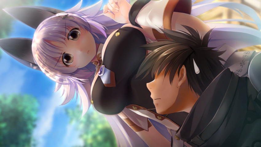 1boy, 1girl, animal_ears, atelier-moo, bare_shoulders, black_hair, blush, breasts