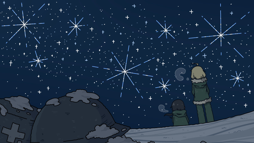 2girls, absurdres, ahoge, black_hair, blonde_hair, breath, chito_(shoujo_shuumatsu_ryokou), combat_helmet, emesan_desu, facing_away, from_behind, fur-trimmed_jacket, fur_trim, helmet, highres, jacket, medium_hair, multiple_girls, night, scenery, shoujo_shuumatsu_ryokou, sitting, sky, snow, standing, star_(sky), starry_sky, twintails, unworn_headwear, unworn_helmet, yuuri_(shoujo_shuumatsu_ryokou)