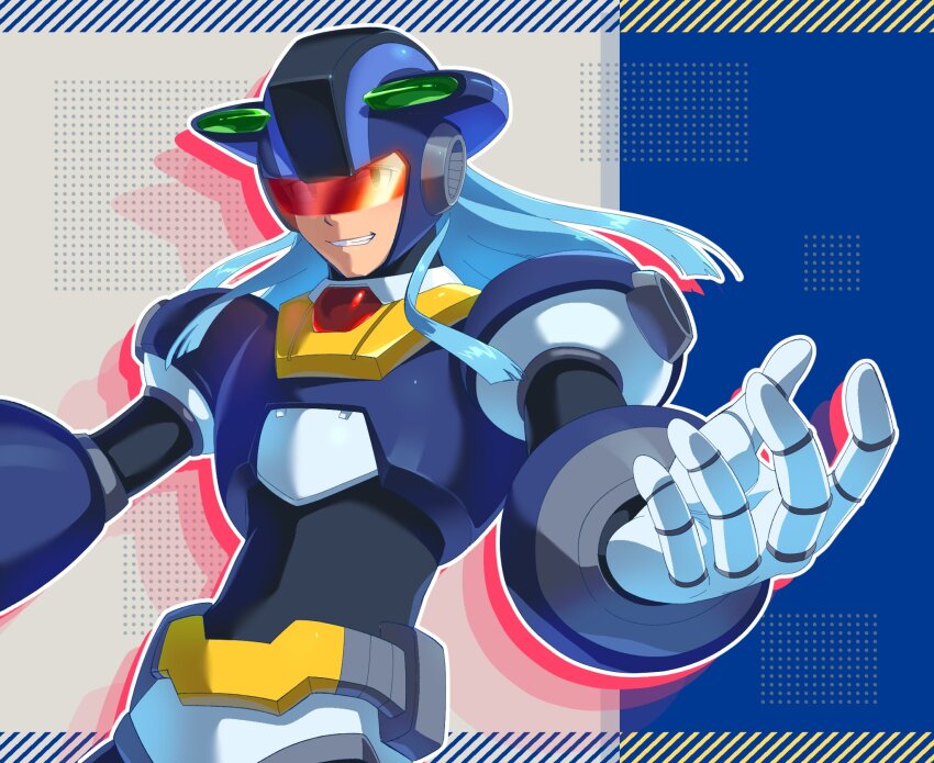1boy, android, armor, assault_visor, black_armor, black_helmet, blue_hair, dynamo_(mega_man)