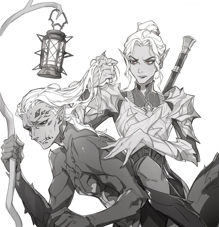 1boy, 1girl, armor, arthropod_boy, baldur's_gate, baldur's_gate_3, breastplate, bskibskib, carapace, clenched_teeth, colored_sclera, commentary_request, crossed_legs, dark_elf, dungeons_&amp;_dragons, elf, extra_eyes, eye_contact, feet_out_of_frame, fingernails, from_side, frown, grabbing_another's_hair, greyscale, hair_bun, highres, holding, holding_another's_hair, holding_lantern, human_chair, human_furniture, kar'niss, korean_commentary, lantern, long_hair, looking_at_another, minthara, monochrome, monster_boy, pauldrons, pointy_ears, red_eyes, sharp_fingernails, short_hair, shoulder_armor, simple_background, single_hair_bun, sitting, sitting_on_person, spider_boy, spot_color, sweat, teeth, vambraces, weapon, weapon_on_back, white_background