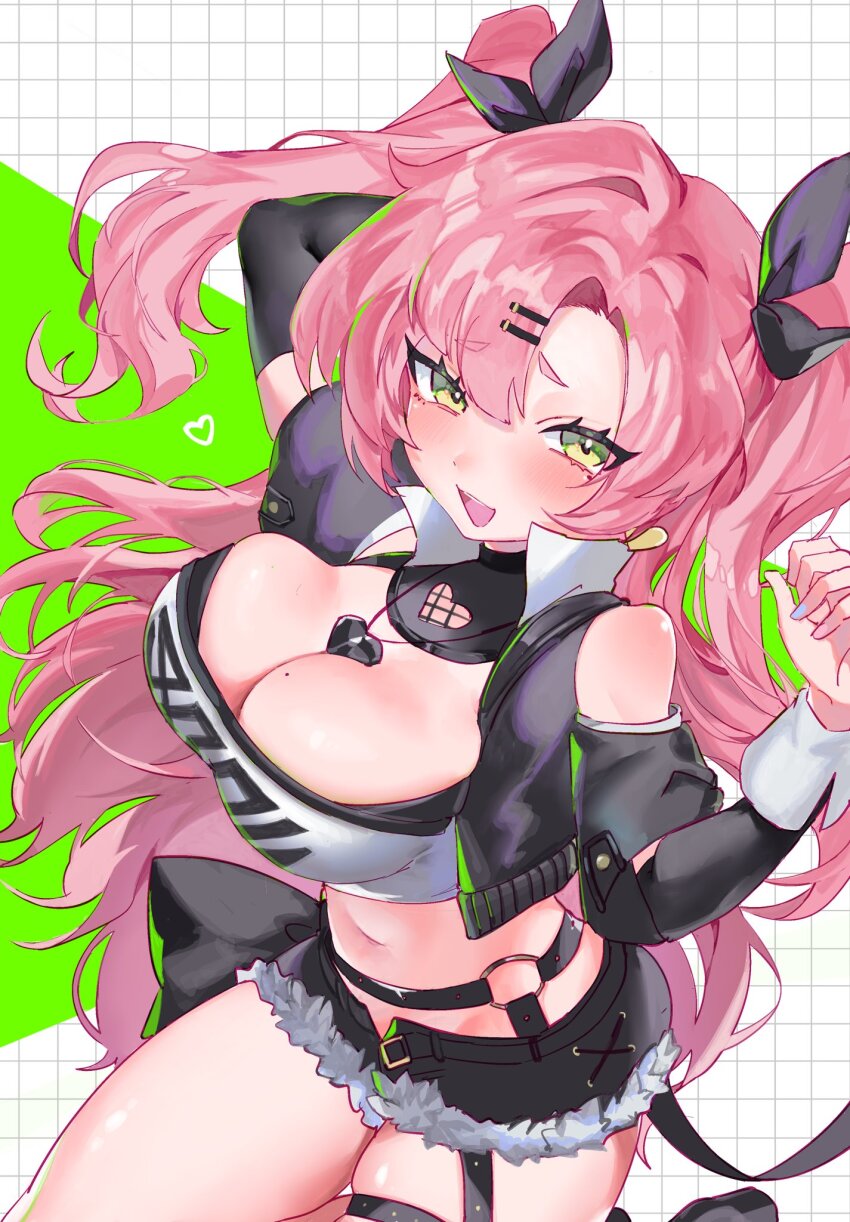 black_bra, black_shorts, black_vest, blush, bra, breasts, cleavage, cowboy_shot