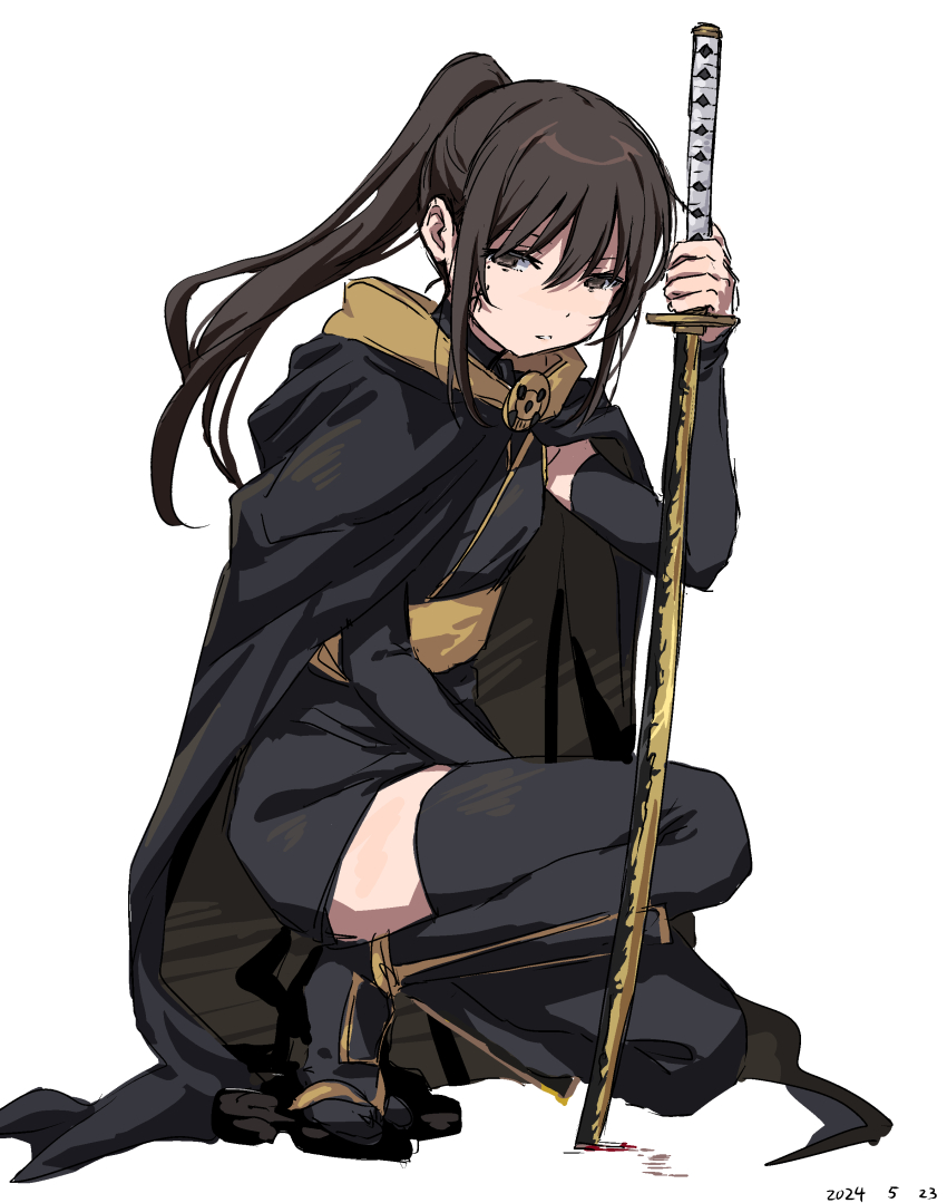 1girl, absurdres, black_cape, black_dress, black_thighhighs, brown_eyes, brown_hair, cape