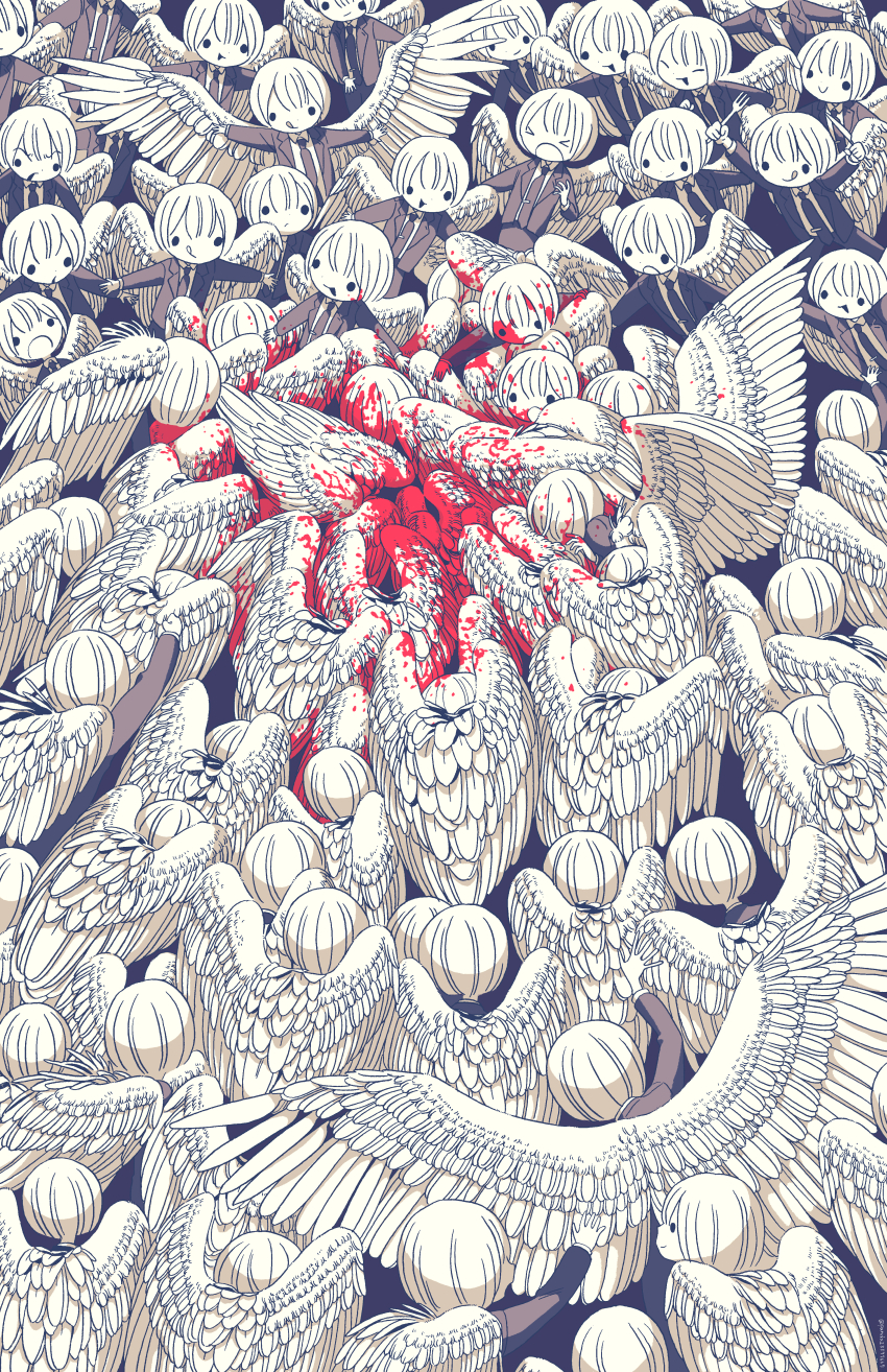 >_<, 6+others, absurdres, androgynous, arm_up, arms_up, blood, blood_in_hair