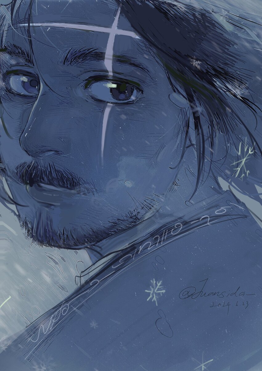 1boy, ainu, ainu_clothes, black_hair, blue_eyes, blue_theme, facial_hair, goatee