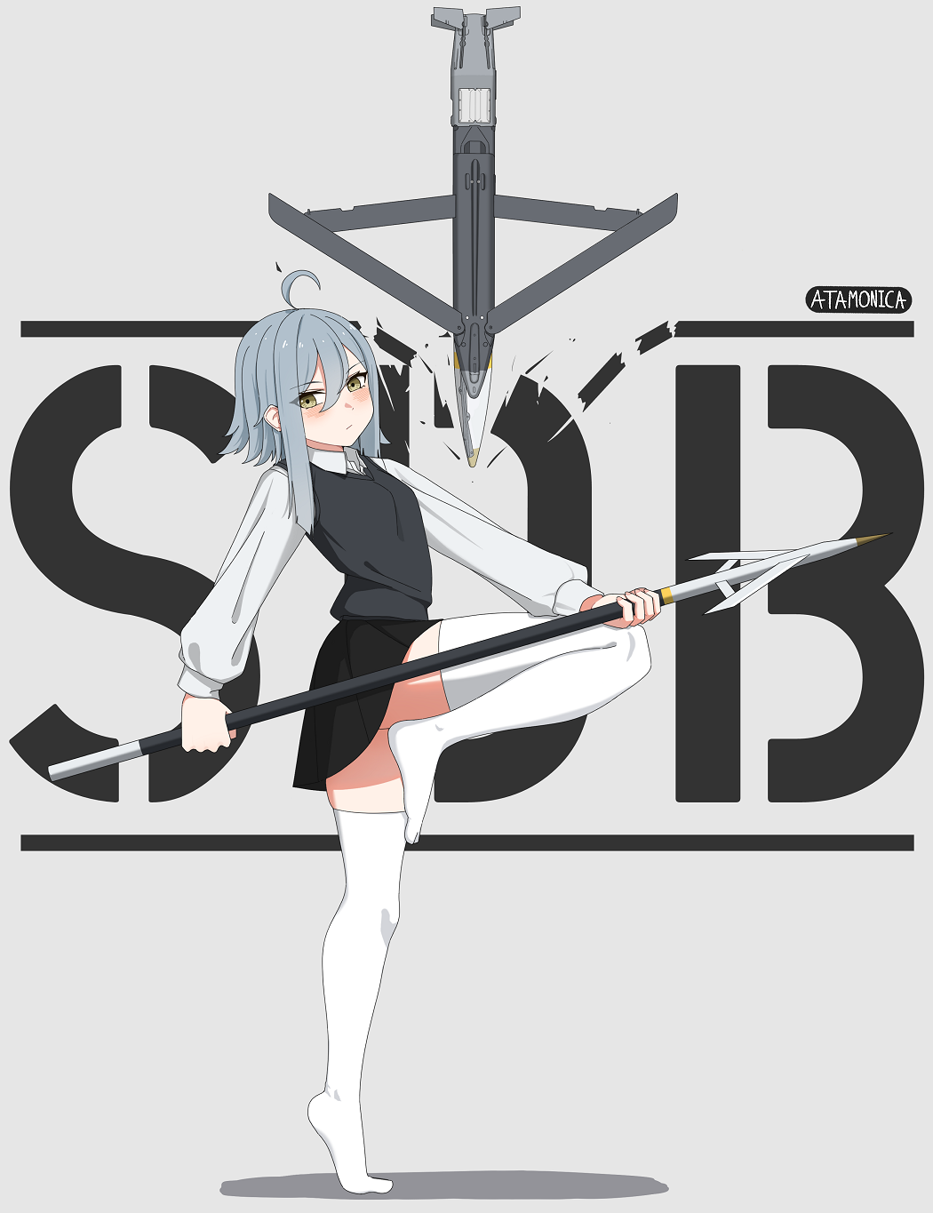 1girl, :/, ahoge, artist_name, atamonica, black_skirt, black_sweater_vest, blush, bomb, collared_shirt, commentary, explosive, gbu-39_small_diameter_bomb, glide_bomb, grey_background, grey_hair, hair_between_eyes, highres, holding, holding_polearm, holding_weapon, leg_up, long_hair, long_sleeves, looking_at_viewer, miniskirt, missile, no_shoes, original, personification, pleated_skirt, polearm, precision-guided_munition, shirt, sidelocks, simple_background, skirt, solo, sweater_vest, thighhighs, weapon, white_shirt, white_thighhighs, yellow_eyes
