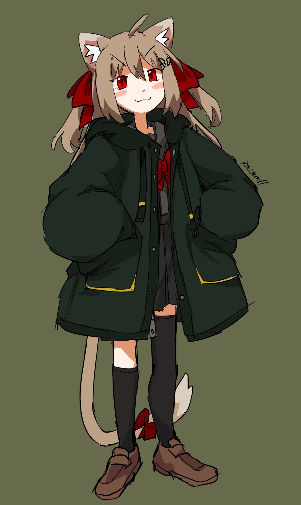 1girl, :3, ahoge, animal_ears, big_pant_or_big_jakt_(meme), black_skirt, black_socks, black_thighhighs, bow, bowtie, brown_hair, cat_ears, cat_tail, closed_mouth, evil_neuro-sama, full_body, green_background, hair_bow, highres, indie_virtual_youtuber, long_hair, looking_at_viewer, meme, neuro-sama, pasharuu, red_bow, red_bowtie, simple_background, skirt, smile, socks, solo, tail, thighhighs, two_side_up, virtual_youtuber