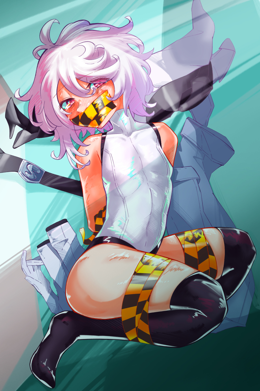 1girl, arms_behind_back, aygoftenover, bare_shoulders, black_thighhighs, blush, breasts, caution_tape