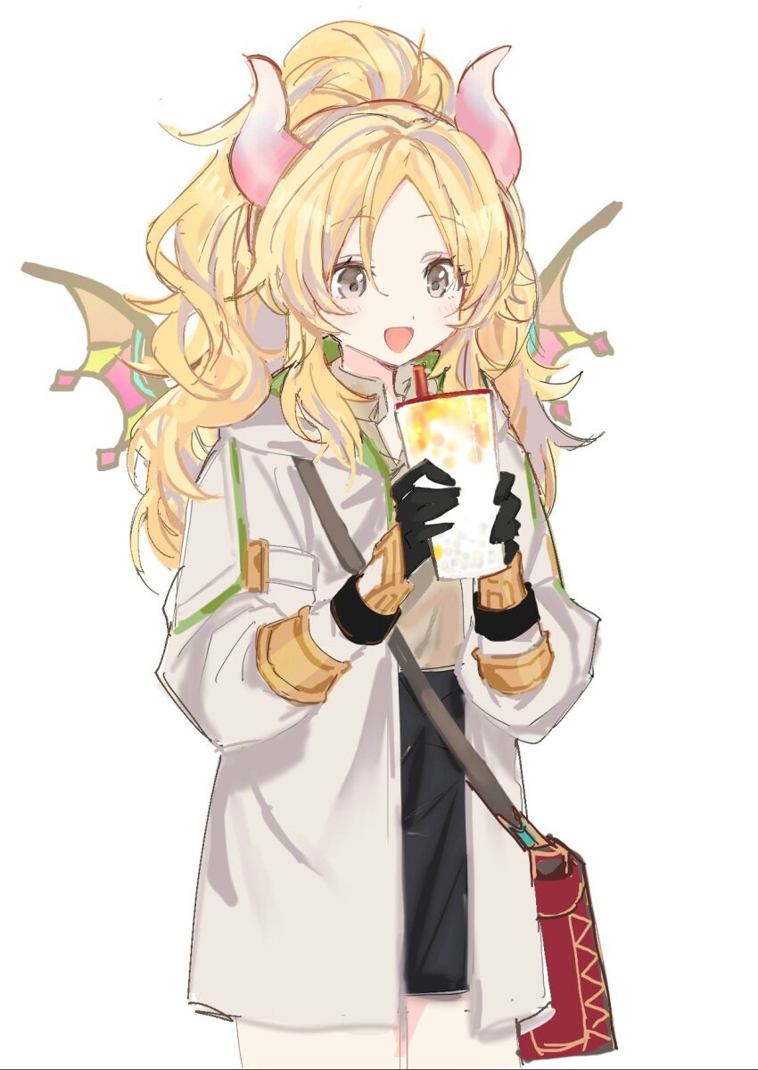 1girl, blonde_hair, commentary_request, cowboy_shot, cup, drinking_straw, duel_monster, ecclesia_(yu-gi-oh!), grey_eyes, high_ponytail, highres, holding, holding_cup, incredible_ecclesia_the_virtuous, jacket, korean_commentary, long_hair, marittakari, ponytail, simple_background, sketch, smile, solo, white_background, white_jacket, wings, yu-gi-oh!