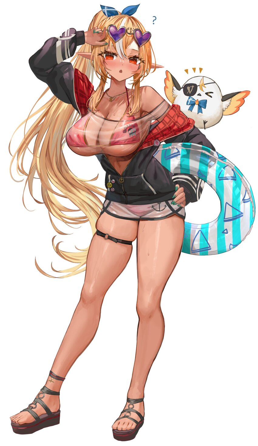 1girl, ?, absurdres, bare_shoulders, bikini, black_jacket, blonde_hair, blue_nails