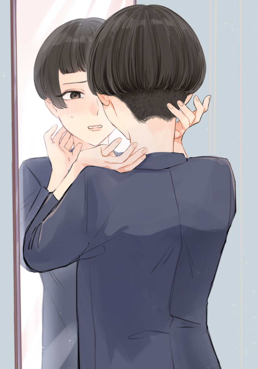 1girl, absurdres, black_eyes, black_hair, black_shirt, blunt_bangs, blush, bob_cut