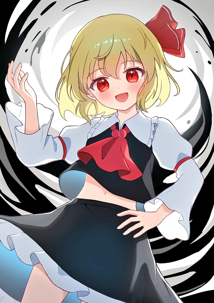 1girl, :d, ascot, black_skirt, black_vest, blonde_hair, blush, commentary