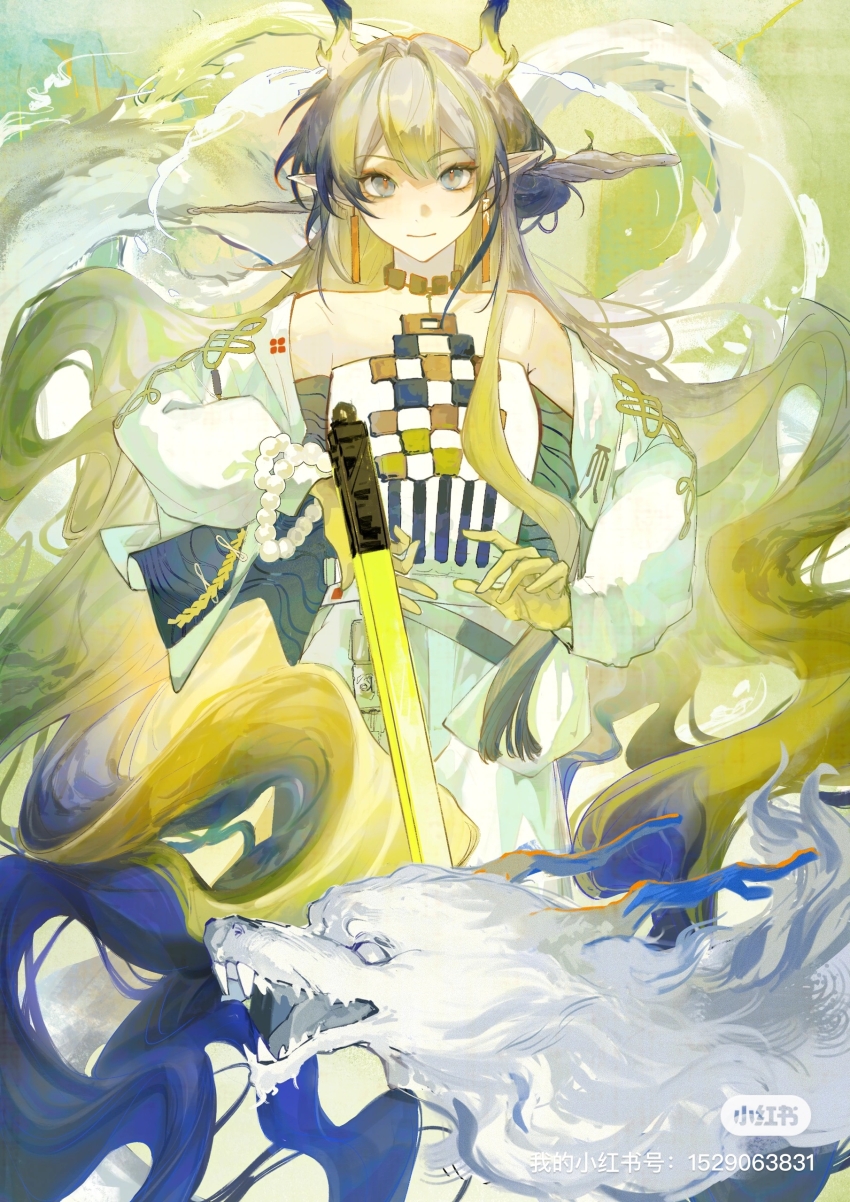 1girl, absurdres, arknights, bare_shoulders, beads, blonde_hair, blue_hair, chinese_commentary