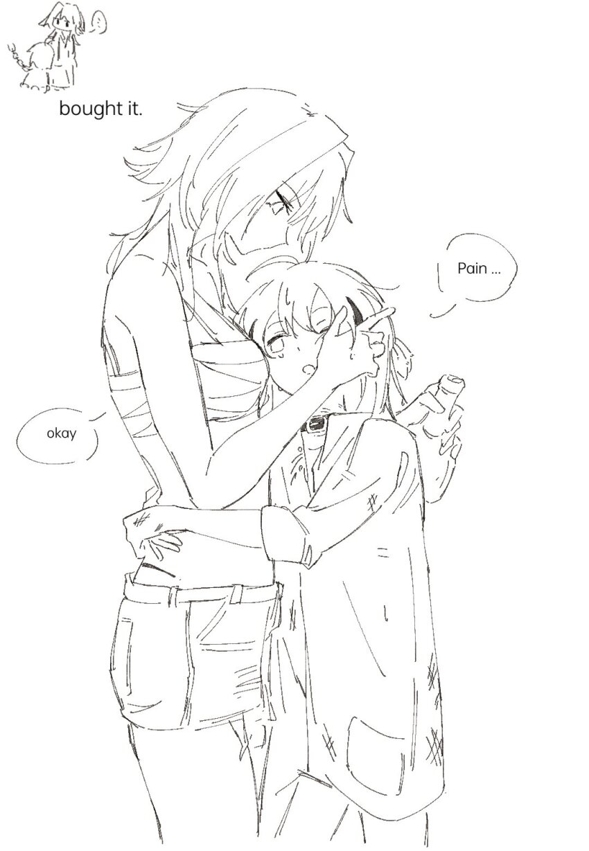 2girls, alternate_costume, black_choker, bottle, breast_band, canvas0911, casual, chest_binder