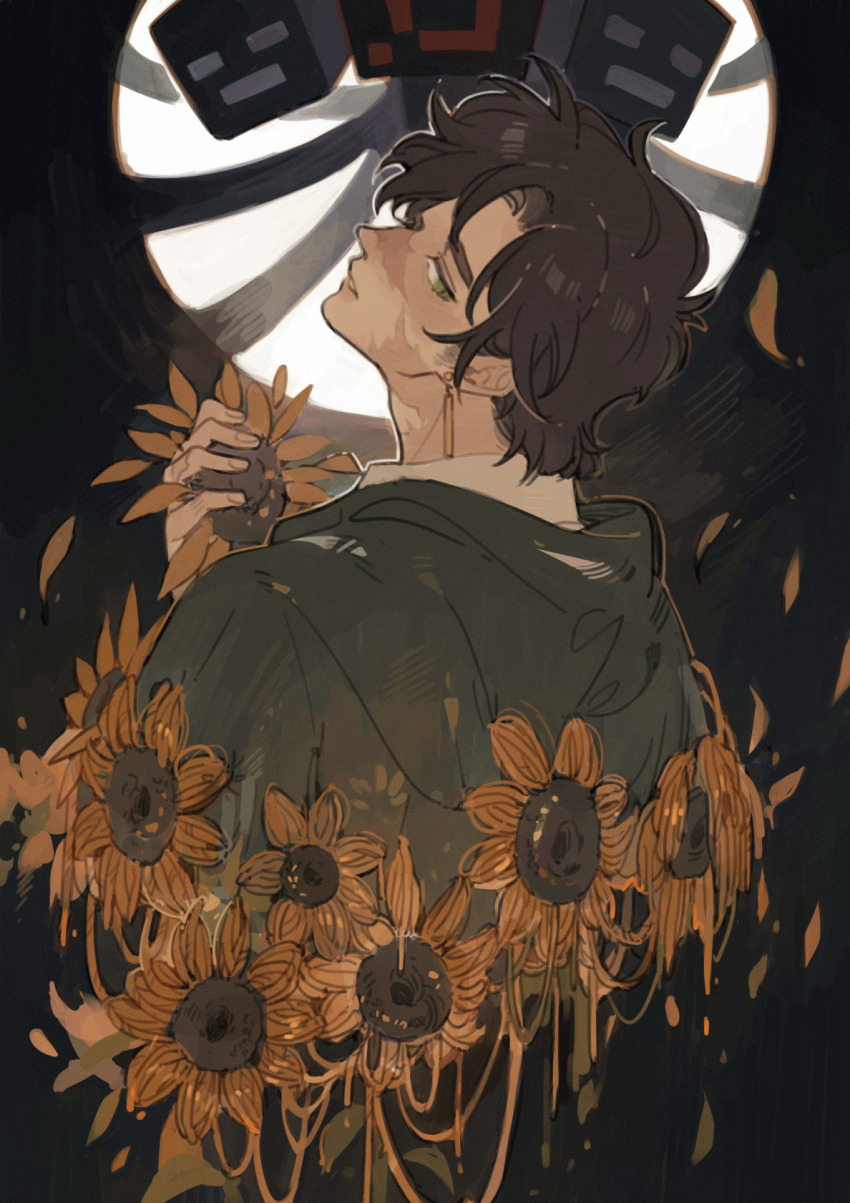 1boy, 1other, animification, brown_hair, cloak, commentary, earrings, english_commentary