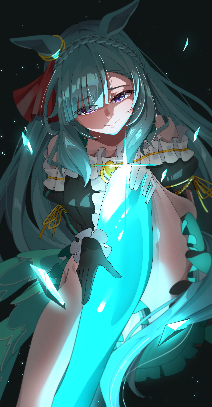 1girl, absurdres, animal_ears, aqua_hair, asymmetrical_gloves, bare_shoulders, black_background, black_gloves