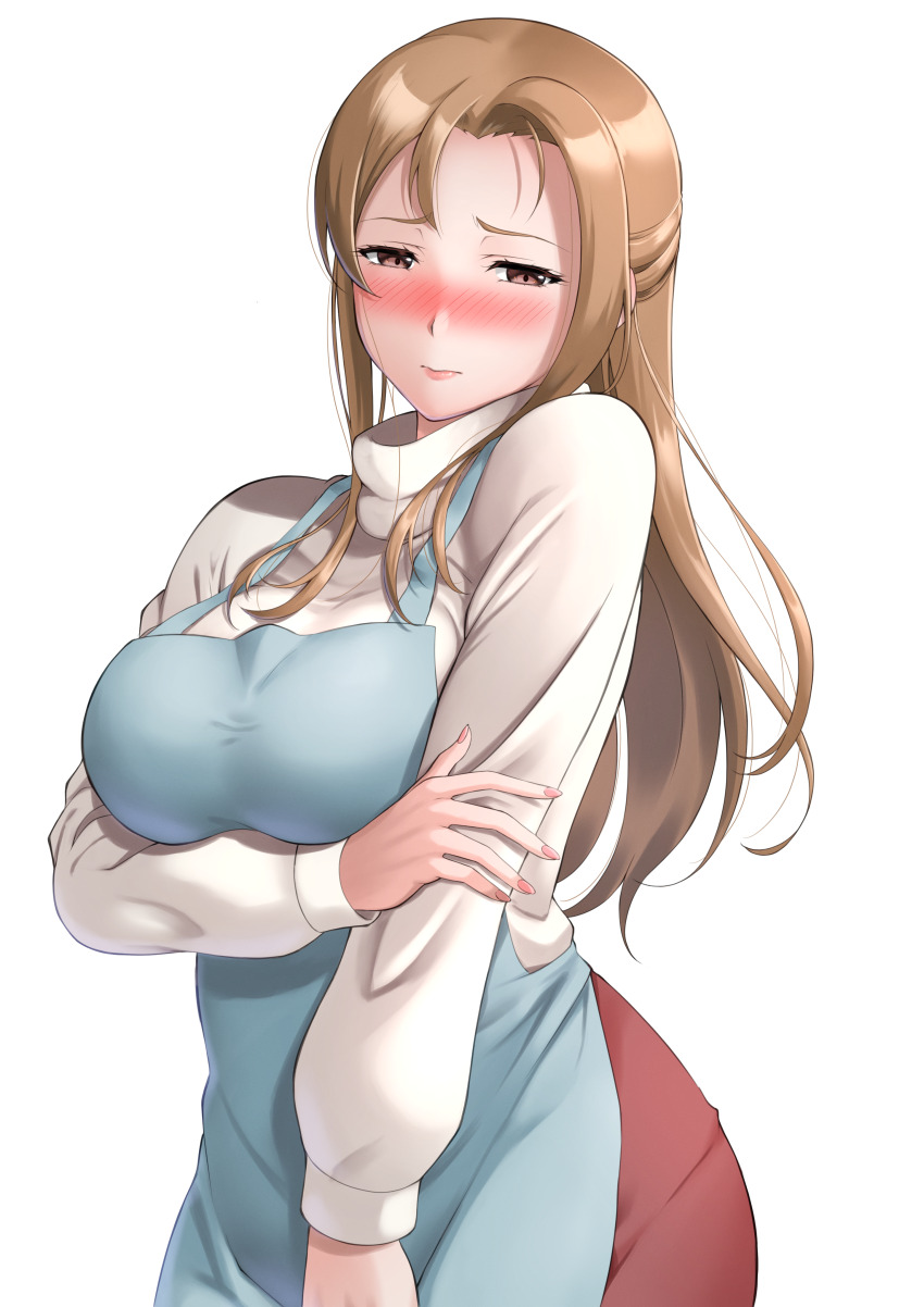 1girl, absurdres, apron, averting_eyes, blue_apron, blush, breasts, brown_eyes
