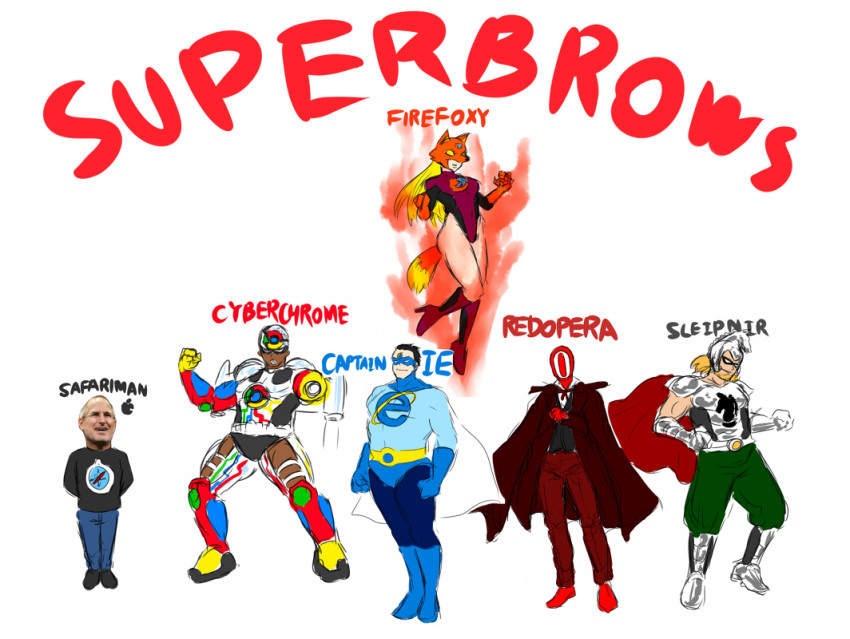 1girl, 5boys, apple_inc., aura, bad_id, bad_pixiv_id, black_cape, black_sweater, blonde_hair, blue_footwear, blue_gloves, boots, browser, cape, character_name, compass, cyborg, dark-skinned_male, dark_skin, domino_mask, everyone, eye_mask, fire, floating, fox_mask, fox_tail, full_body, gloves, google, google_chrome, high_heel_boots, high_heels, internet_explorer, leotard, logo, long_hair, macintosh, mask, mozilla_firefox, multiple_boys, muscular, muscular_male, opera_(web_browser), os-tan, personification, real_life, real_life_insert, red_footwear, safari-tan, simple_background, sleipnir_(browser), standing, steve_jobs, superhero_costume, sweater, tail, white_background, yokkora