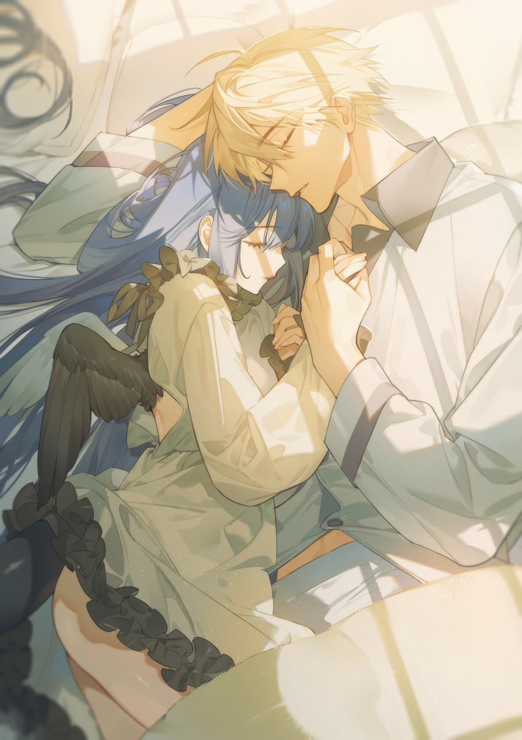 1boy, 1girl, angel_wings, ass, asymmetrical_wings, back, backless_outfit, bed