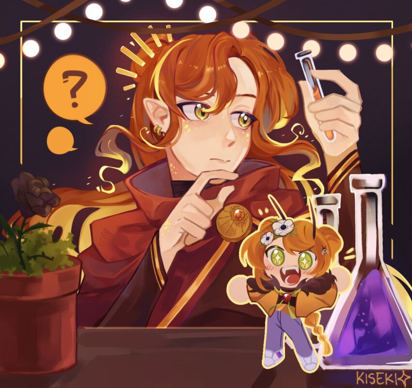 2girls, ?, antennae, arthropod_girl, bee_girl, blaze_rod, chibi, double_bun, dual_persona, earrings, flower, geminitay, geminitay_(blazeborn), geminitay_(swarm), green_eyes, hair_bun, hair_flower, hair_ornament, happy, holding, honey, insect_girl, jewelry, kisekiii_25, minecraft, minecraft_youtube, multiple_girls, new_life_smp, open_mouth, orange_hair, plant, pointy_ears, potion, potted_plant, rose, smile, wither_rose